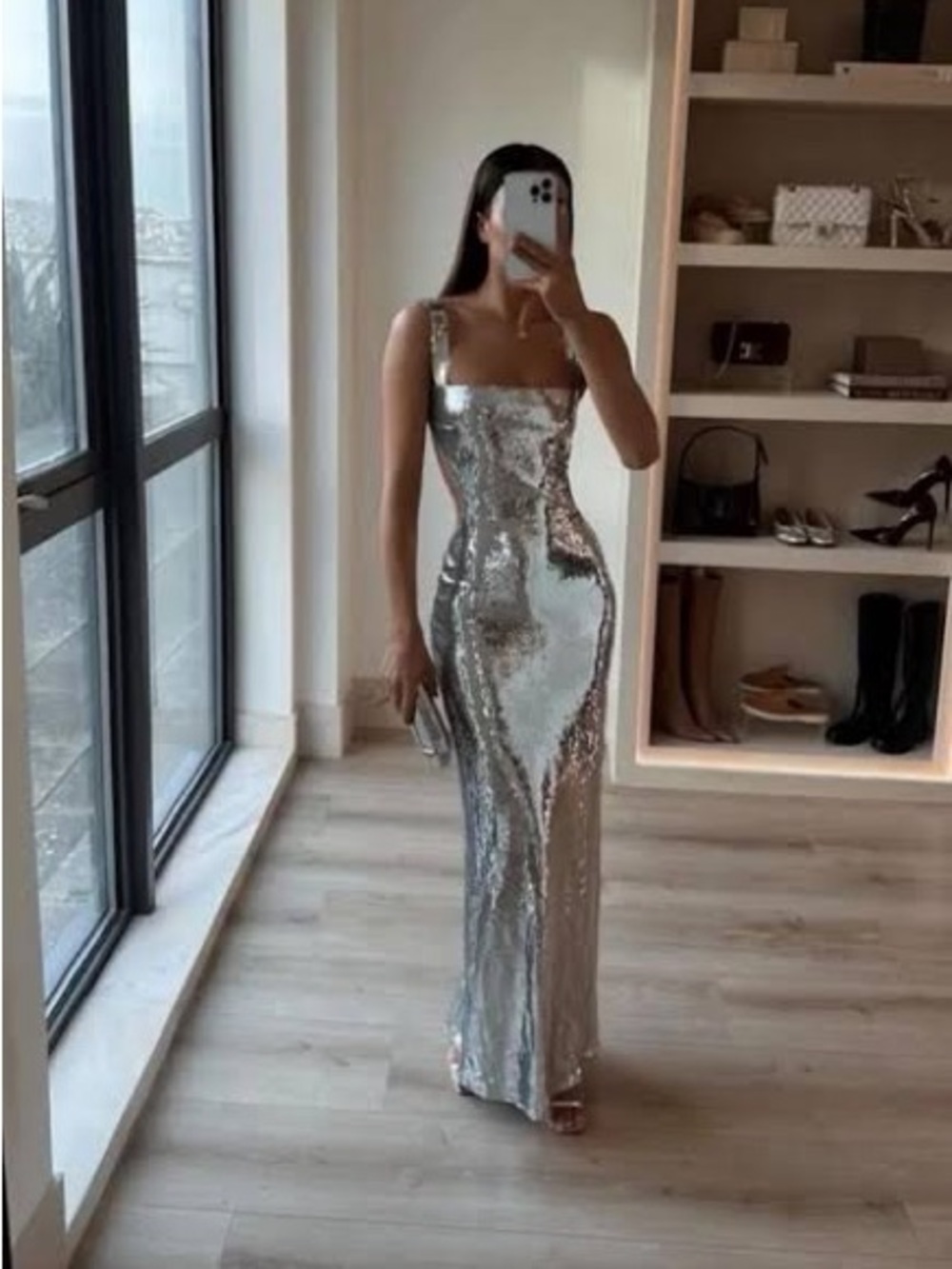 Brand New MESHKI Sequin Cut Out Maxi Dress - Silver